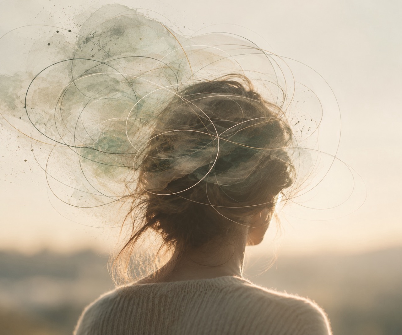 Woman seen from behind with swirling abstract lines symbolising anxiety and overthinking