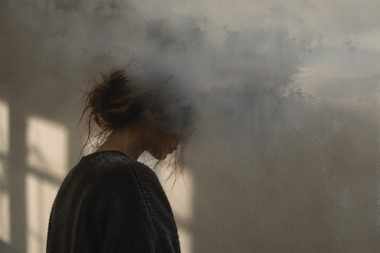 Artistic portrait of a woman partly obscured by grey mist, reflecting low mood and emotional numbness