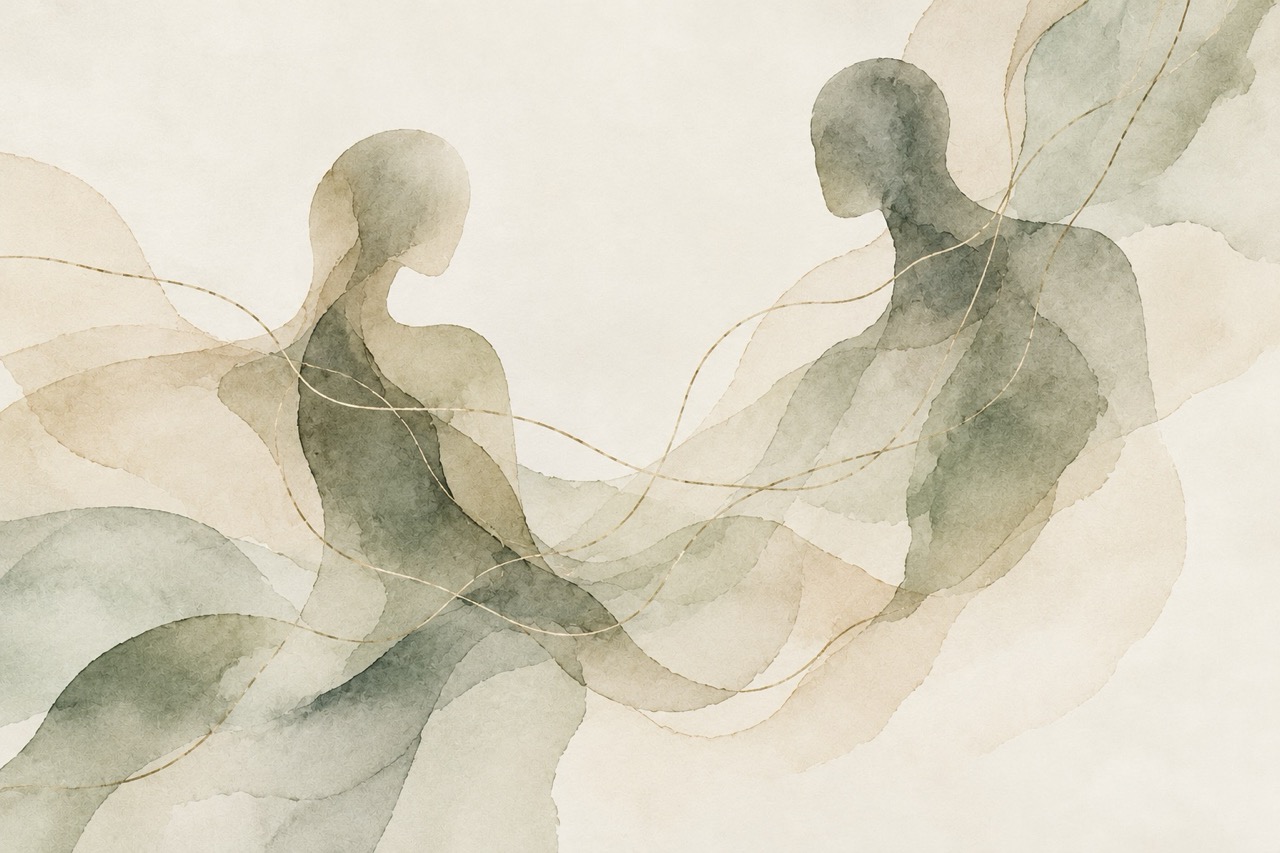 Abstract watercolour of two faceless figures connected by flowing lines, representing relationships and personal boundaries